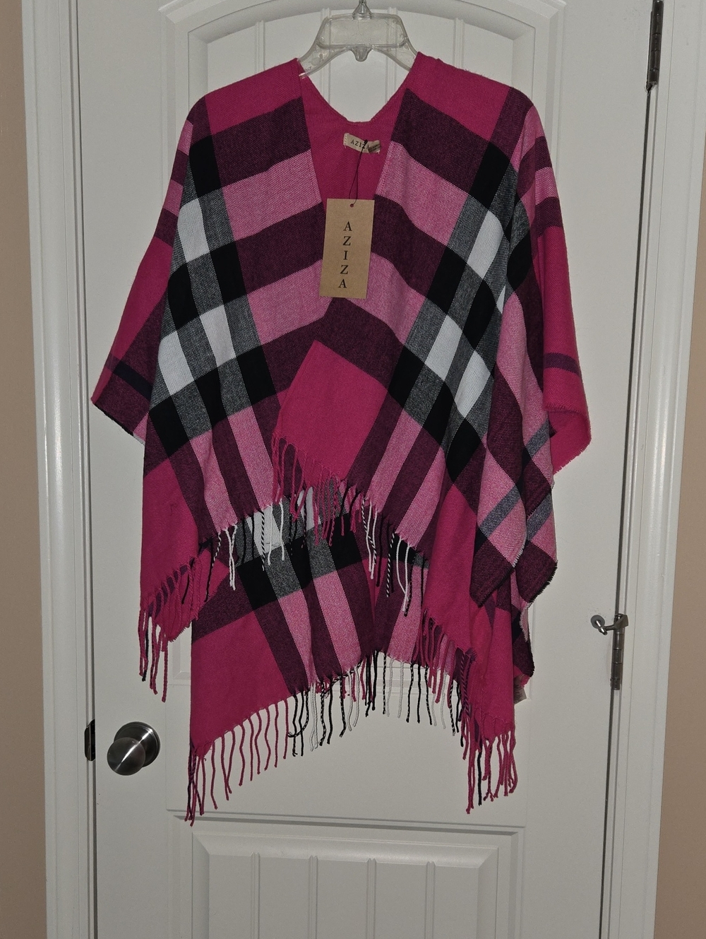 Aziza Pink Plaid Fringe Wrap Poncho
